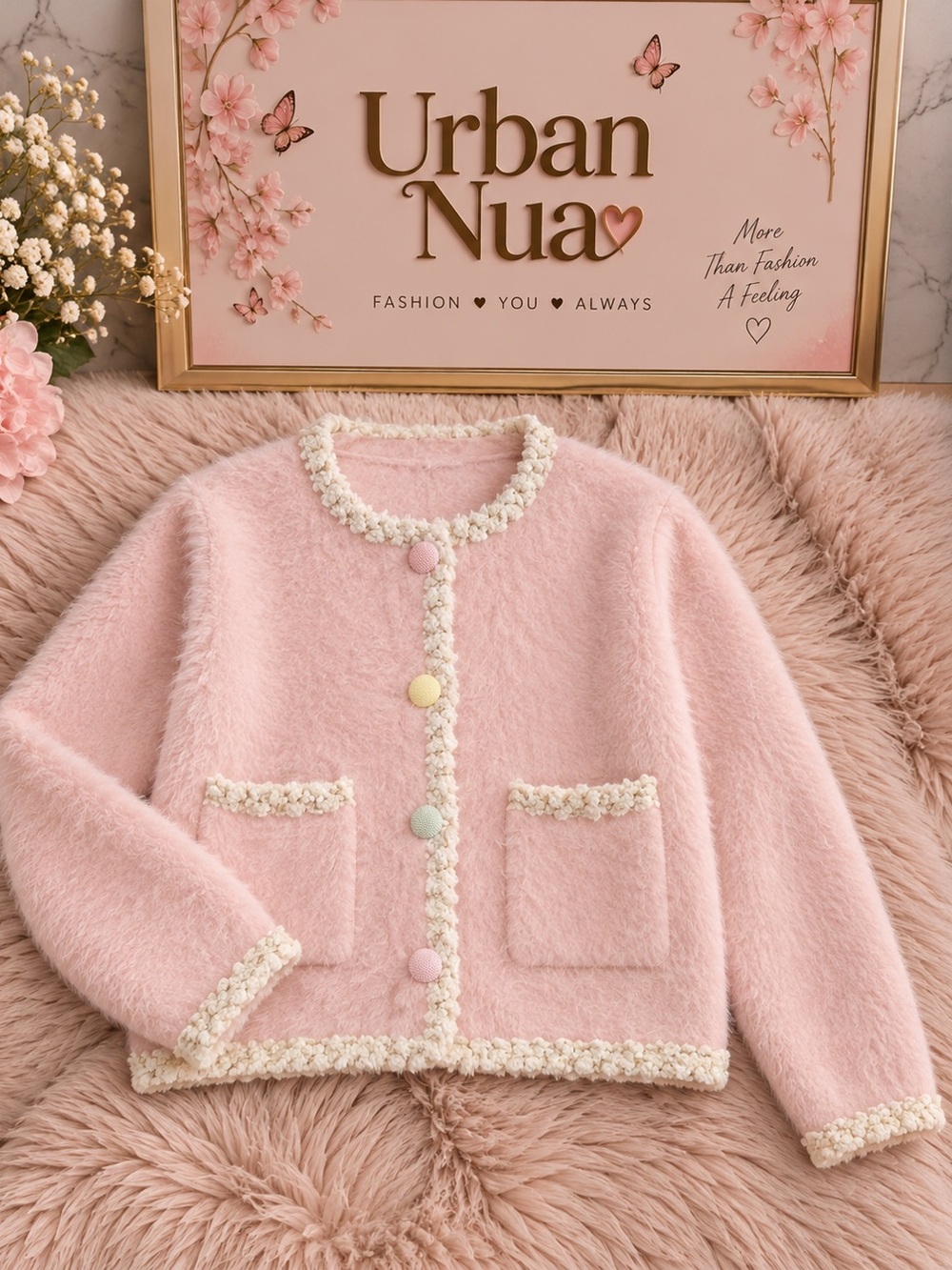 Pink Bouclé Cropped Cardigan Sweater